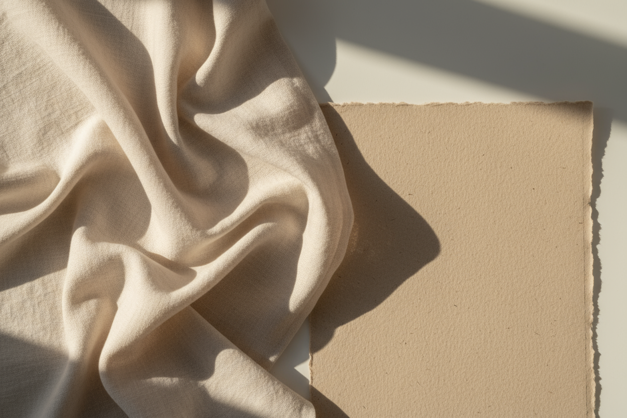 A luxury minimalist hero banner image for a premium candle brand called Whisper & Wick.

Focus on soft, natural materials — gently draped linen, handmade paper, and subtle light textures in warm beige, cream, and taupe tones.

The scene is calm, organic, and tactile, with warm daylight and soft shadows that evoke quiet craftsmanship and mindful creation.

No text, no props, no branding — just light, texture, and atmosphere.

16:9 composition, high-resolution photography style, airy negative space for websit