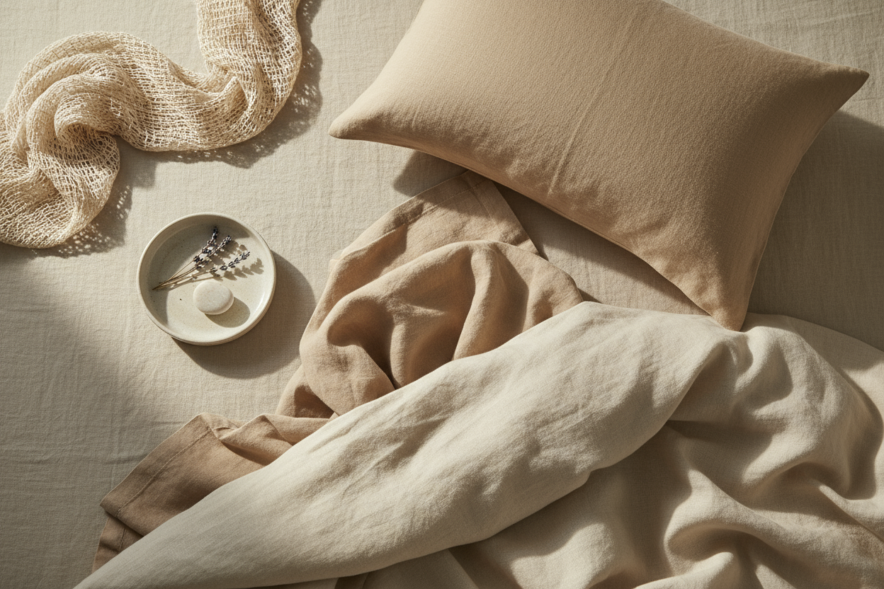 Minimalist linen flatlay, warm morning light, beige/cream tones, no text, 16:9.
